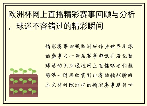 欧洲杯网上直播精彩赛事回顾与分析，球迷不容错过的精彩瞬间